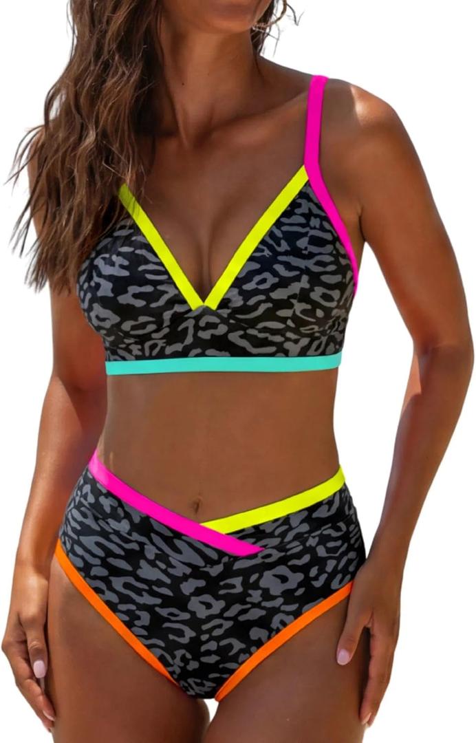 popvil High Waisted Bikini Sets for Women Neon Two Piece Swimsuit Sexy High Cut 2026 Bathing Suit (Black, L)