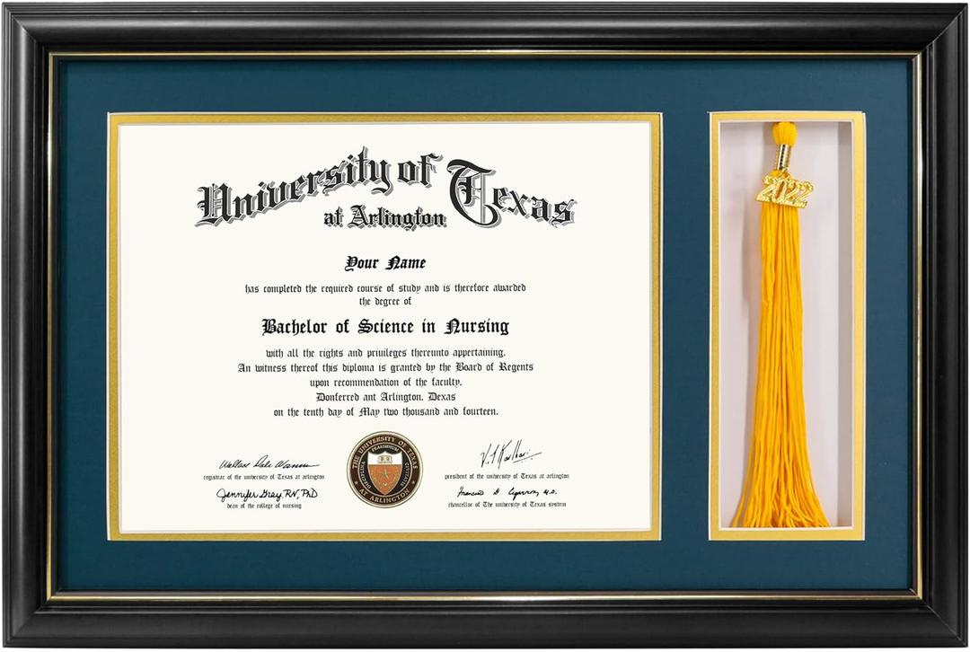 GraduationMall 11x17 Black Wood Diploma Frame with Tassel Holder for 8.5x11 Certificate Document,Real Glass,Navy Blue over Gold Mat