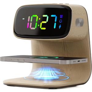 Digital Alarm Clock with Wireless Fast Charging Station 15W Touch Smart Lamp for Bedside,3 Colors Nightlight Adjustment Night Lamp for Living Room,Bedside,Heavy Sleepers (Woodgrain+Cable&Adapter)