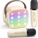YLL Mini Karaoke Machine with 2 Wireless Microphones for Kids Adults, Portable Bluetooth Speaker Gift for Girls Toys 4, 5, 6, 7, 8, 10, 12+ Years Old Teens Birthday(Beige)