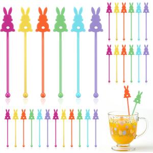 30 Pcs Easter Drink Stirrers Rabbit Swizzle Sticks Colorful Bunny Drink Stirrers Reusable Plastic Stir Stick for Cocktail Coffee Tea Hot Cocoa Easter Spring Party Brunch Beverage 6 Inch
