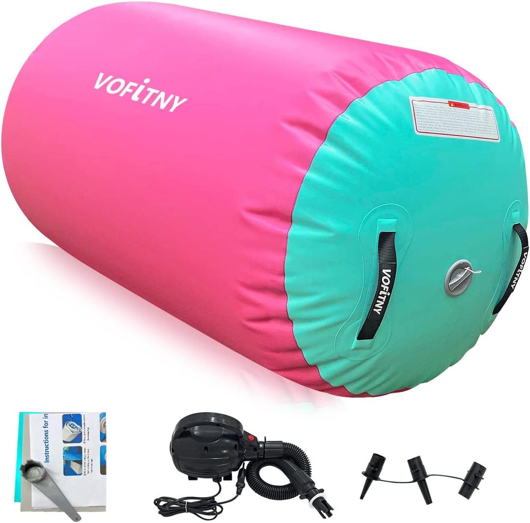 VOFiTNY Inflatable Gymnastics Air mat Tumbling Track with Air Barrel Octagon Mat with Pump for Home/Gym (4'L x 2.5'D, Pink/Mint)