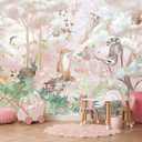 Kids Safari Wallpaper Butterfly Fox Forest Animal Wallpaper Mural with Pink Background for Girl's Room Decoration(Not Self-Adhesive)