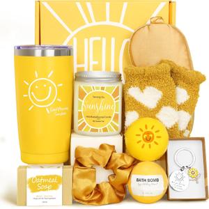 Gift Baskets for Women, 10pcs Unique Birthday Gifts for Women, Best Friend Birthday Christmas Gift, Get Well Soon Gift Basket Sending Sunshine Cheer Up Box for Sister Friendship - Brighten Up Her Day!  (Yellow)