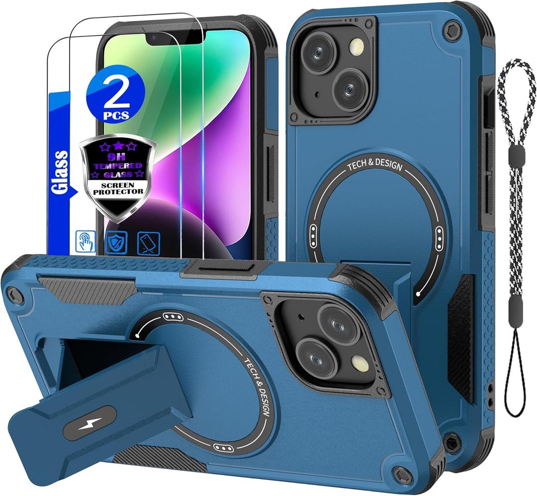 iPhone 13 case/iPhone 14 case[Compatible with MagSafe][with 2*9H Tempered Glass Screen Protector], Built in Invisible Stand, Not fadingShockproof Protective Phone Cover 6.1-inch(Blue)