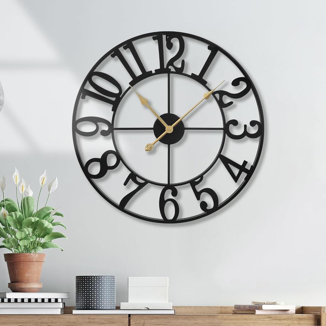 Wall Clock Battery Operated, Silent Non Ticking Modern Rustic Metal Small Clocks for Living Room/Bedroom/Office/Kitchen/Farmhouse Home Decor-14IN (Arabic Number-Black)