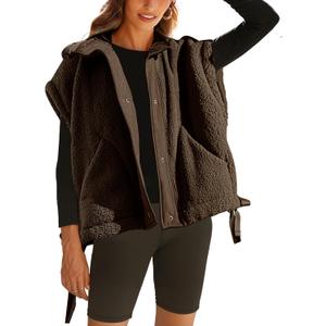 Gozoloma Women's Oversized Fleece Vest Sleeveless Casual Button Down Piecing Fuzzy Sherpa Gilet Jacket with Pockets (Medium, Coffee)