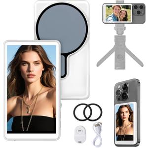 4.02 Vlog Selfie Monitor Screen with Rear Camera Display-Magnetic Phone Mount, Low-Latency HD Mirroring & Wireless Remote, Compatible with iPhone/Android for Social Media Live Streaming (white or grey)