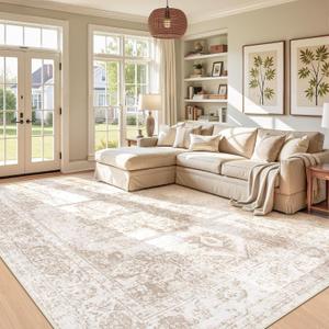Area Rug 9x12 Vintage Rug: Large Washable Indoor Medallion Rugs Low Pile Distressed Floor Carpet Retro Accent Rug for Living Room Bedroom Kitchen Dining Table Home Office(Beige, 9'x12')