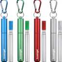 Ecoangel Cruise Ship Essentials,4-Pack reusable Collapsible Stainless Steel Drinking Straws with Aluminum Case,Cleaning Brush,and Keychains-Silver,Blue,Red,Green