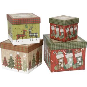 Oairse Christmas Boxes for Gifts with Lids for Presents Set of 4 Nesting Christmas Gift Boxes with Lids Set in 3 Assorted Designs Square Small Favor Box Paper Mache Box for Xmas, Holiday (Green & Red)