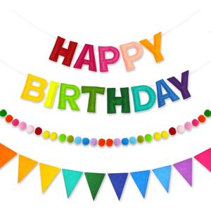 CANREVEL Pre-Strung 3D Happy Birthday Banner, 3 PCS Rainbow Happy Felt Garland, Pom Pom Garland, Triangle Fabric Bunting, Reusable Rainbow Birthday Decorations for Girls Boys Women Men