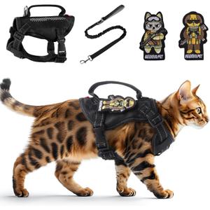 Cat Harness and Leash Set for Walking Escape Proof Adjustable Reflective Large Cat Tactical Harness with Patches Breathable Summer Vest Soft Mesh Padding Handle Easy to Control (Black, M)
