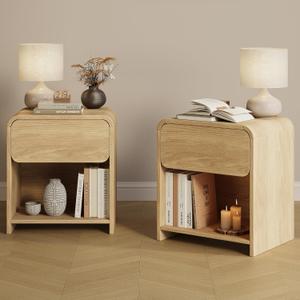 Modern Curved Nightstands Set of 2 with Open Shelf,Natural Oak, 17.7" W x 13.5" L x 19.7" H