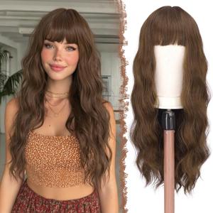 FESHFEN Brown Wig with Bangs for Women - Long Wavy Mixed Brown Natural Looking Synthetic Hair Wigs for Daily Party Costume, 26 inch
