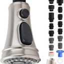 Universal Kitchen Faucet Replacement Head with 15 Adapters, Pull Down Spray Head 3 Modes Kitchen Faucet Sprayer Head Replacement Compatible with Moen, Delta, Kohler, AquaSource, Brushed Nickel