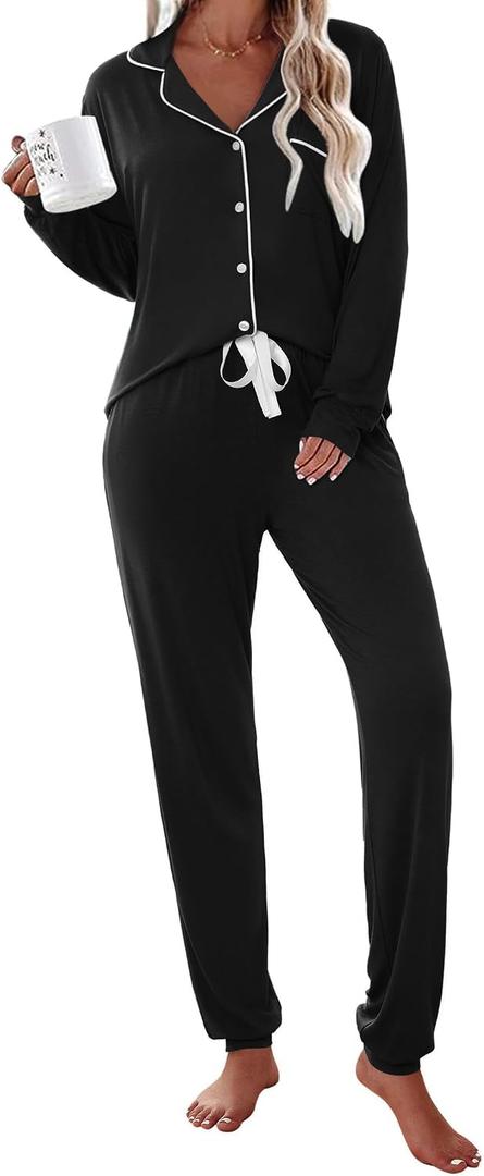 Ekouaer Pajamas Set Long Sleeve Sleepwear Womens Button Down Nightwear Soft Pj Loungewear with Pockets (Medium, Black)