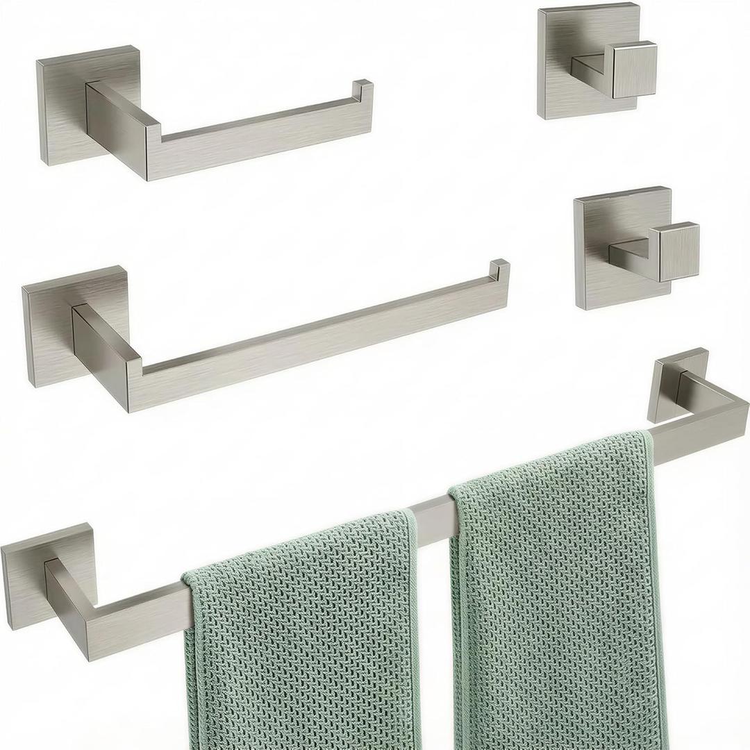 5-Piece Brushed Nickel Bathroom Hardware Set, Wall Mounted Thickened 304 Stainless Steel Towel Holder Set, Featuring 23.6" Towel Bar, Hand Towel Rack, Toilet Paper Holder, and 2 Towel Hooks