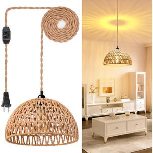 Plug in Pendant Light Rattan Hanging Lamp with 15 Ft Hemp Rope Cord, Wicker Hanging Lights with Bamboo Basket Lamp Shade,Dimmable Switch Woven Boho Plug in Ceiling Light for Living Room Bedroom