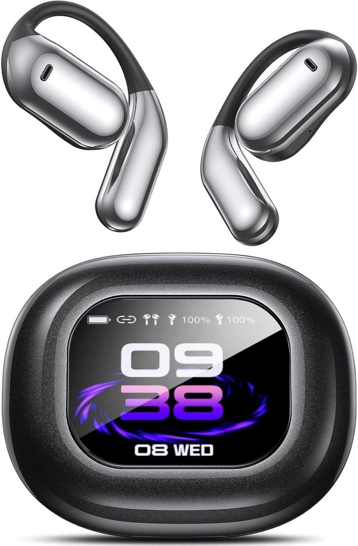 Open Ear Bluetooth 5.4 Earbuds -Bone Conduction Headphones 2025 New Intelligent Touch Screen Ultra Comfy Over The Ear Bluetooth Earbuds with Earhooks IPX7 Waterproof for Exercise