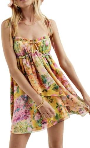 Women Floral Mini Dress Y2K Coquette Summer Smocked Chest Ruffle Spaghetti Strap Babydoll Short Dress Cottagecore Clothes (L)