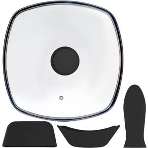 FOLI Square Glass Lid for Grill Pans with Steam Vent Hole - Fits Lodge Cast Iron Skillets 10.5inch/26.67cm Silicone Potholder- Square Tempered Glass Lid - Universal Replacement Cover Silicone Knob