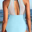 Tempt Me Women One Piece Swimsuit High Neck Plunge Ruched Tummy Control Bathing Suit (Blue, M)