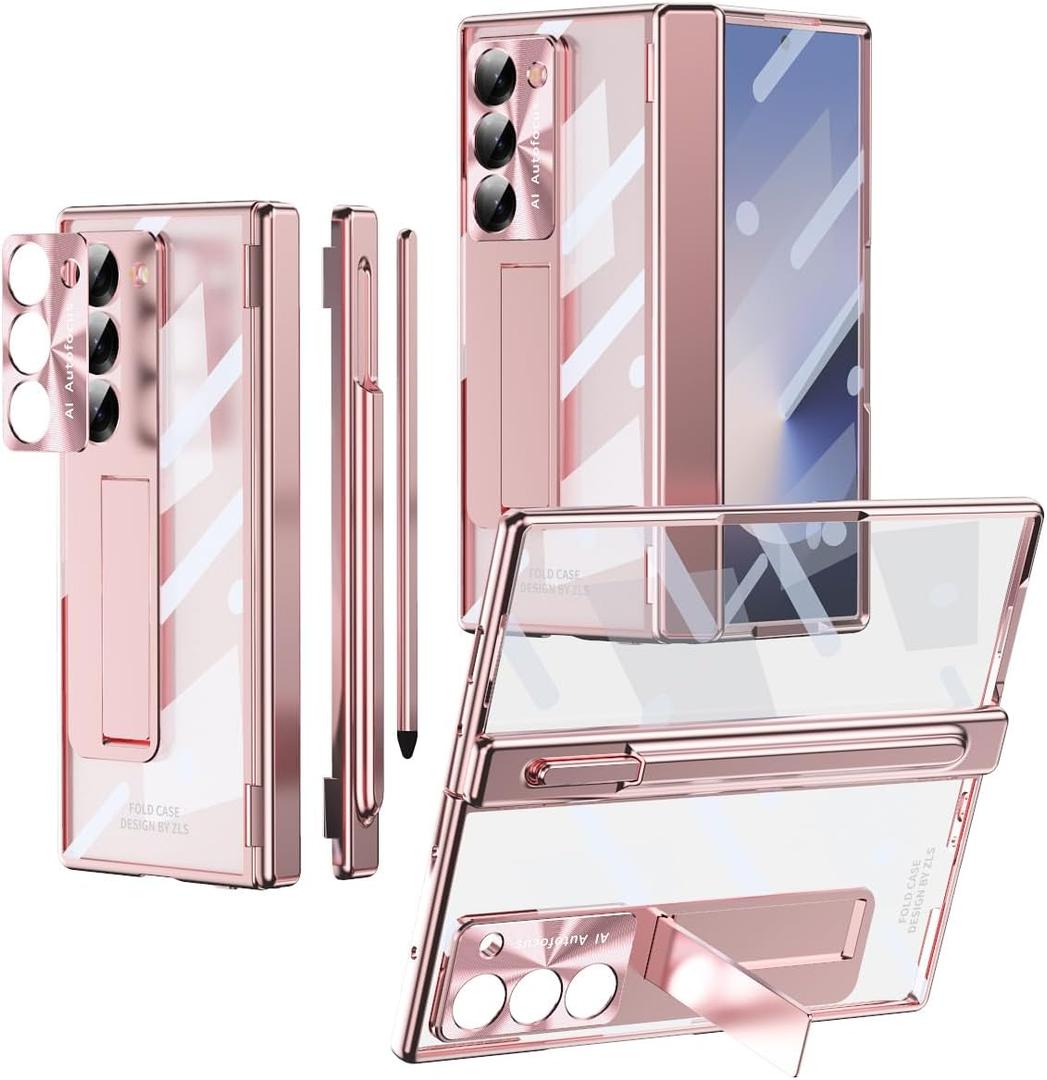 Ninki Compatible for Samsung Galaxy Z Fold 6 Case with S Pen Holder & S Pen, 5 in 1 Hinge Protective Stand Screen Protector for Samsung Z Fold 6 Phone Case - Women's Rose Pink