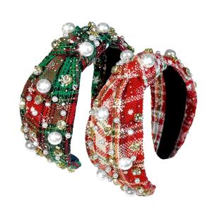 2 Pcs Christmas Headbands for Women Pearl Rhinestone Knot Headband Xmas Crystal Jeweled Hair Band Bow Wide Top Knotted Headband Christmas Hair Accessories Holiday Party Outfits(Snowflake Plaid)
