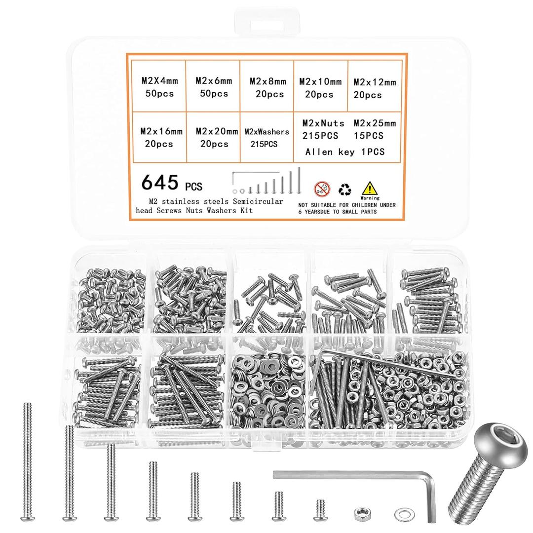 645 Pcs M2 Screws Kit, M2 Machine Screws and Nuts and Washers Set, Assorted Stainless Steel Button Head Socket Cap Screws Nuts and Bolts Assortment Kit, Metric Screw Assortment, Fully Threaded