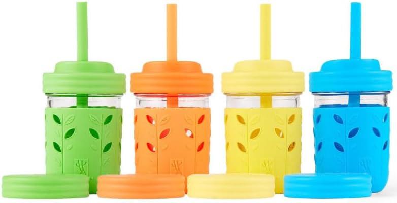Elk and Friends Kids + Toddler Glass Cups | The Original 8oz Glass Mason Jar with Sleeves + Lids | Silicone Straws + Stopper | Smoothie Cup | Food Storage | Spill Resistant | Dishwasher Safe | 4 Pack (Green/Orange/Blue/Yellow)
