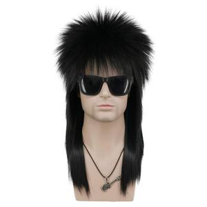VGbeaty Men and Women Long Straight Wig 70s 80s Rocker Punk Rock Disco Mullet Wig (Black)