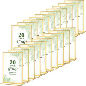 20 Pack Gold Acrylic Sign Holders 4x6 Inch, Double Sided Vertical Stand Clear Picture Frames, Table Menu Display Holders for Wedding Table Numbers, Restaurant Signs, Party and Office Photos