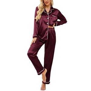 Ekouaer Women's Classic Button Down Long Satin Silk Pajama Set，Small，Burgundy, S