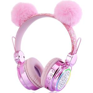 KORABA Kids Bluetooth Headphones with Microphone for School, LED Light Up Wireless Girls Headphones for Study/Tablet/Airplane/Online Learning (Pink)