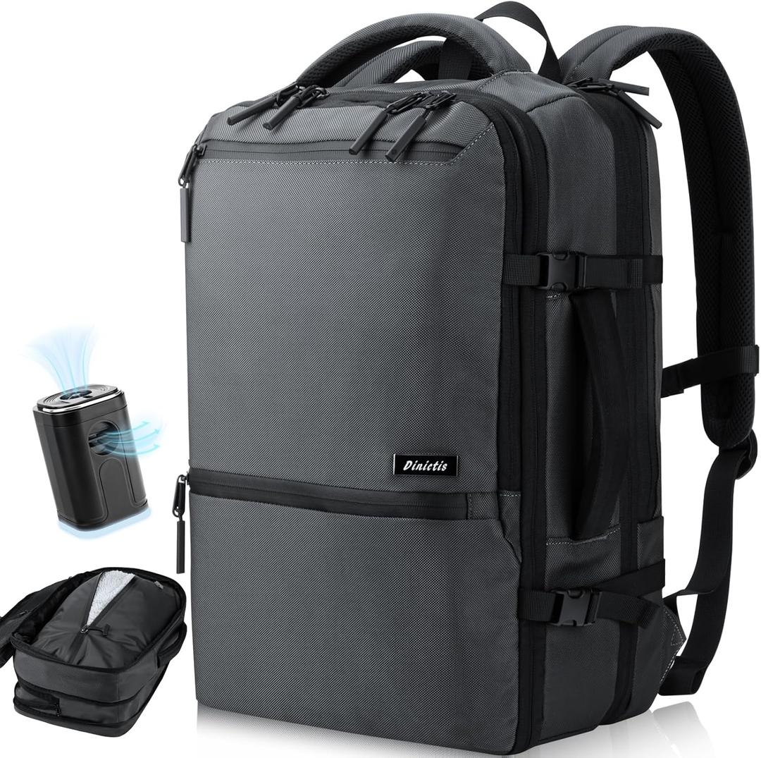 Dinictis Vacuum Seal Backpack with Pump. Expandable to 60L, Water Resistant Travel Backpack with Vacuum Compression System- Dark Grey