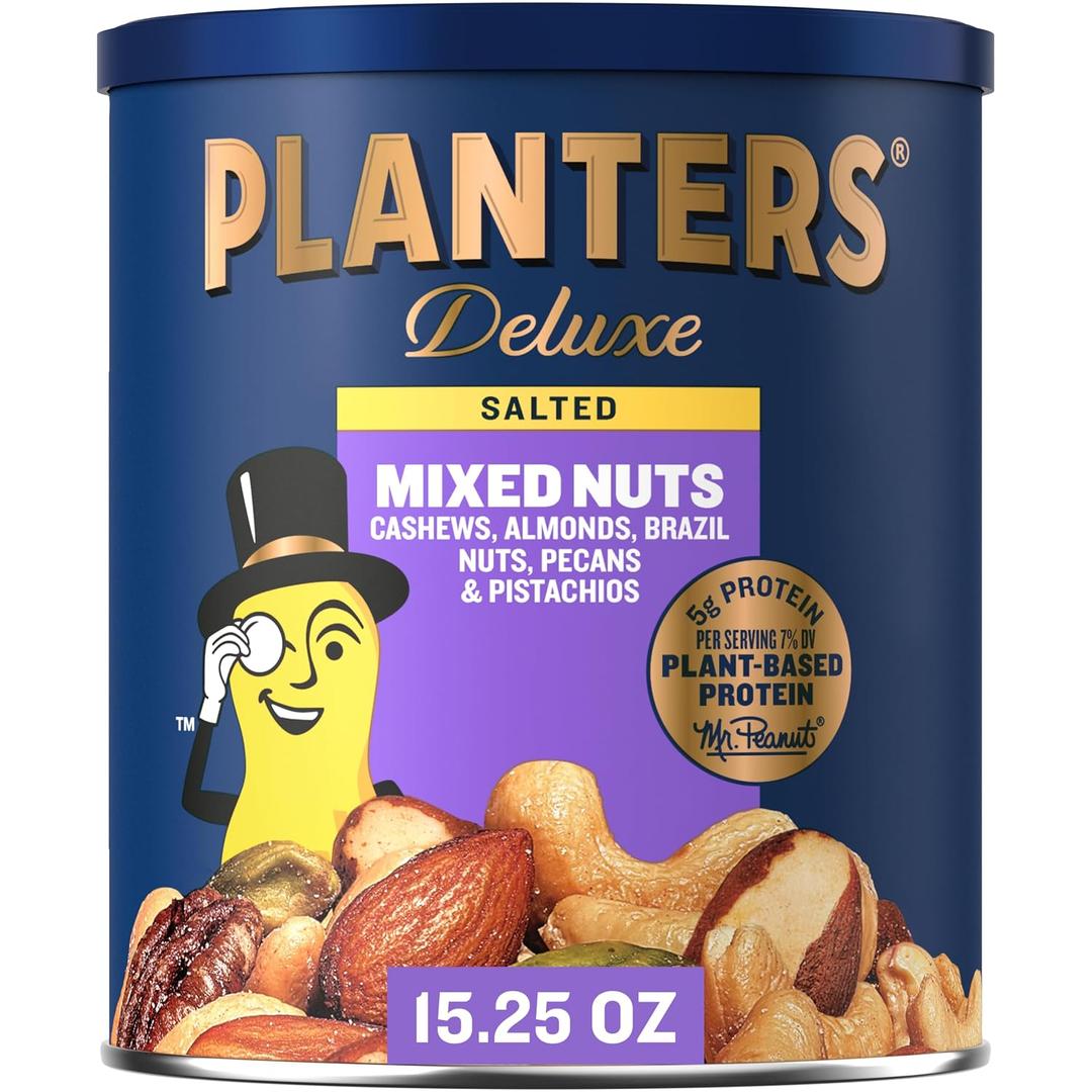 PLANTERS Deluxe Mixed Nuts - Roasted Cashews, Almonds, Brazil Nuts, Pistachios, and Pecans, Plant-Based Protein, Quick Snack, 15.25oz Canister (EXP 09/12/27)
