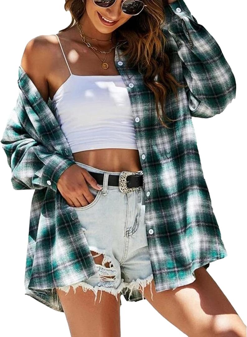 Zontroldy Womens Flannel Plaid Shirts Oversized Lightweight Buffalo Plaid Button Down Shirt Blouse Tops (XX-Large, 01 White Green)