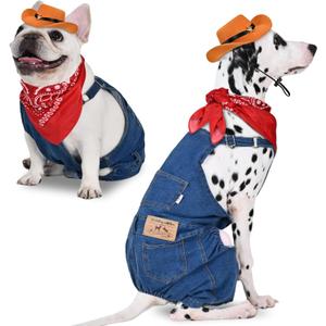 Dog Overalls with Cowboy Hat & Bandana Scarf - Overalls for Dogs Denim Puppy Costume, Adjustable Dog Jeans Outfit for Small Dogs and Cats - Cowboy Costume XXL Around 25 lb Dogs