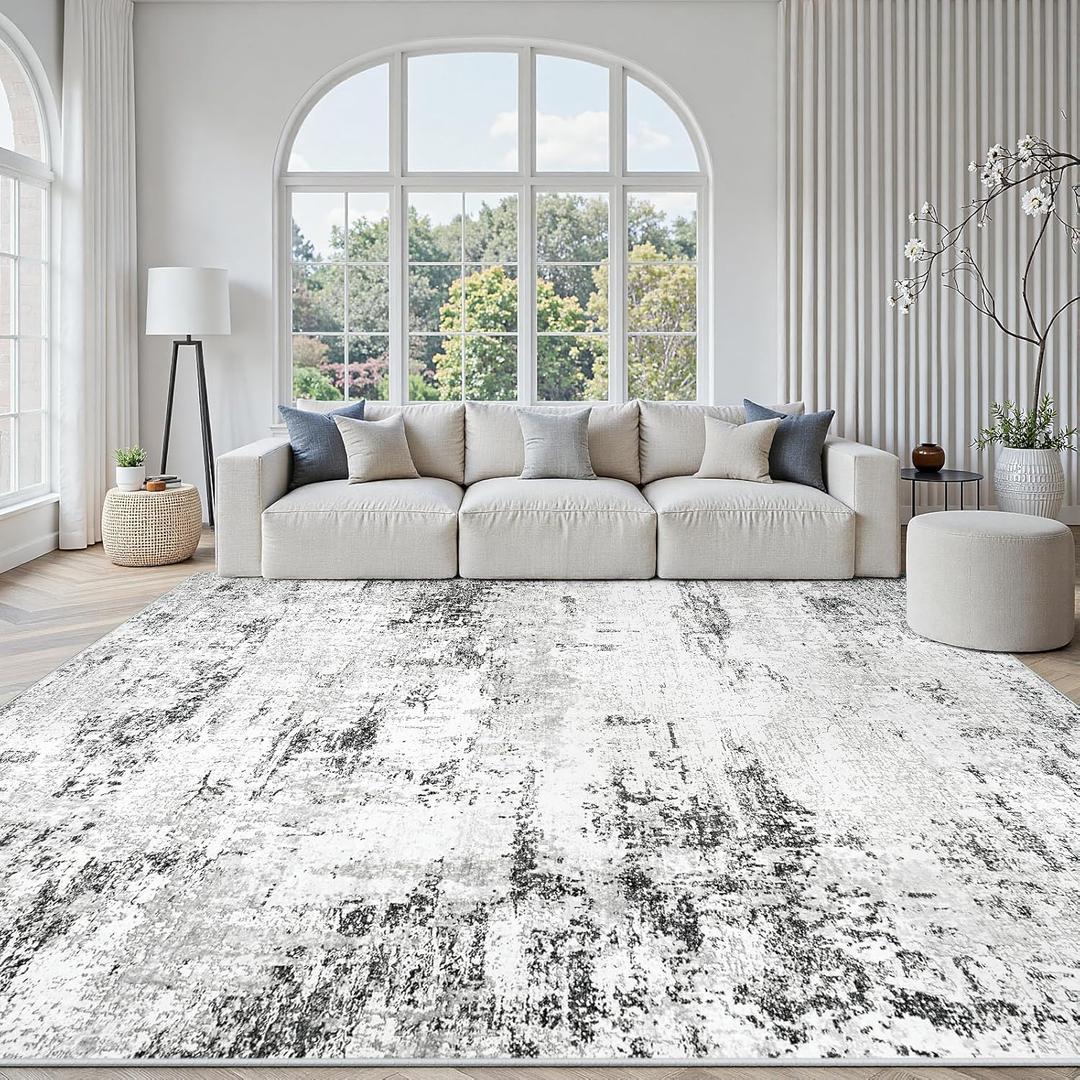 Area Rugs 8x10 Living Room: Large Modern Abstract Washable Rug Soft Anti-Skid Non-Shedding Carpet Indoor Floor Thin Carpets for Bedroom Dining Room Farmhouse Nursery Home Office White Grey Black