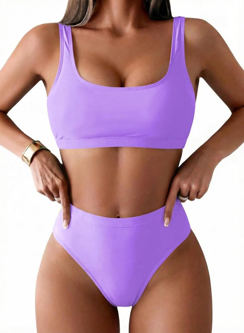 Pink Queen Women's Crop Top High Waisted Cheeky Bikini Set Two Piece Swimsuits (Purple, S)