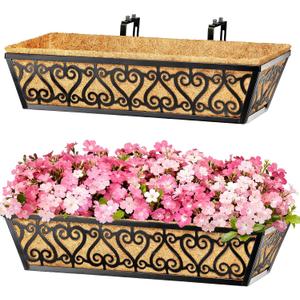 2 Pack 24 Inch Deck Railing Planter Box - Window Boxes Planters with Adjustable Brackets Coco Liners Balcony Planters Railing Hanging for Window Flower Boxes Outdoor Garden Decor