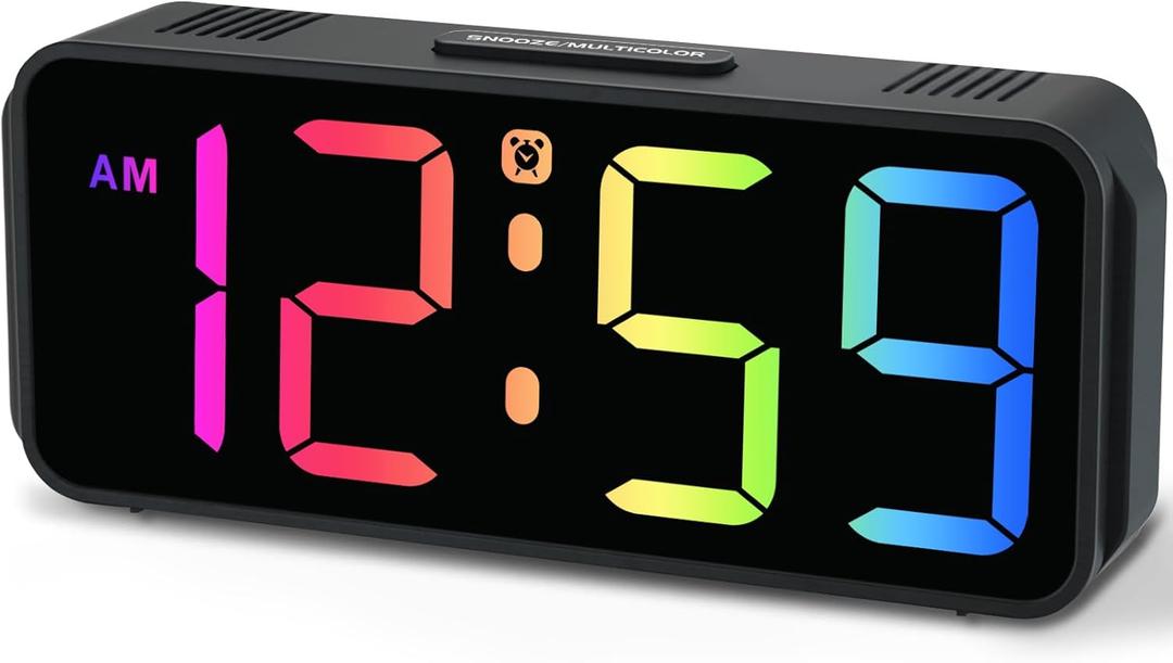 Peakeep Small Tiny Digital Alarm Clock Plug in for Kids Bedroom Bedside Nightstand, RGB Colorful Changing Large Display for Travel, Dimmable 6 Brightness, Corded Electric Battery Backup (Black - RGB) (Black With Colorful)
