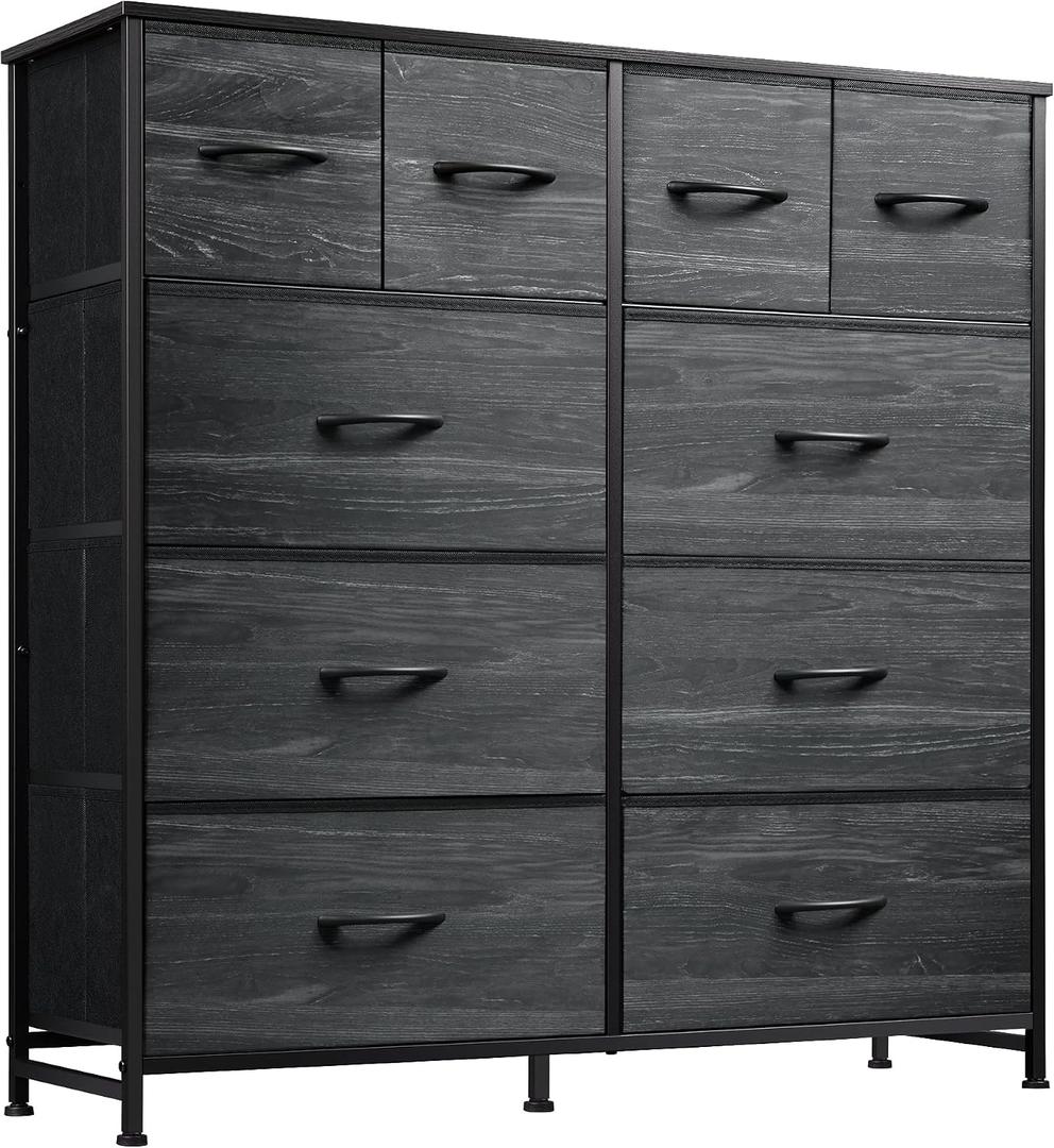 WLIVE 10 Drawer Fabric Dresser Bedroom Tall Storage Tower, Charcoal Black Wood Grain Print