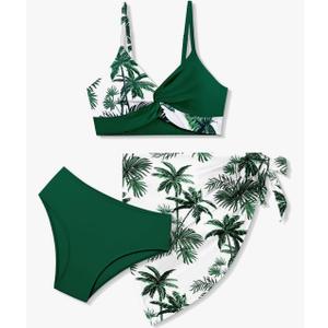 Girls Swimsuit, Bathing Suits 3 Piece Tropical Floral Twist Cross Bikini Sets Girls' Swimwear with Cover Up Skirt 9-10Y