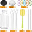 TUZAZO 10 Pack 12 Oz Glass Juice Bottles with Lids, Reusable Travel Drinking Jars Containers, Glass Bottles for Juicing, Smoothies, Kombucha, Milk, Coffee with Brush, Straws, Lids with Hole
