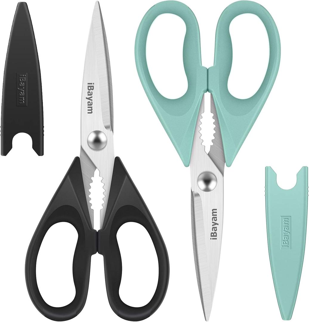 iBayam 2 Pack All Purpose Kitchen Shears Heavy Duty - Stainless Steel Kitchen Scissors With Protective Sheath, Soft Comfort-Grip Handle, Food & Meat Scissors, Home, Kitchen, Dining Utility Gadgets (Black, Aqua Sky)