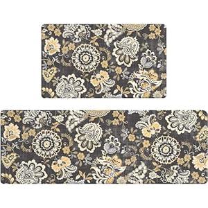 AMM Anti Fatigue Kitchen Mats for Floor Set of 2, Black Paisley Floral Kitchen Floor Mat, Non Slip Cushioned Kitchen Rugs Waterproof Memory Foam Kitchen Mat Comfort Standing Mat for Office Laundry