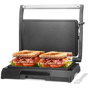 Baker's Friend Mini Panini Press Electric Griddle, 2 Slices of Panini Grill Press Sandwich Maker Press, Sandwichera Electrical for Pancakes & Eggs, Oil Tray, Non Stick Surfaces, Stainless Steel