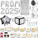 Class of 2025 Prom Night Decorations 16" Mylar Foil 2025 Balloons Photo Props Fringe Curtain Backdrop Balloon Box for High School College Grad Graduation Party (Sliver and Black)